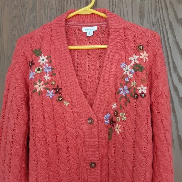 Sundance Hot Pink Floral Embroidered Cable Knit Cardigan Sweater Medium - Picture 2 of 8